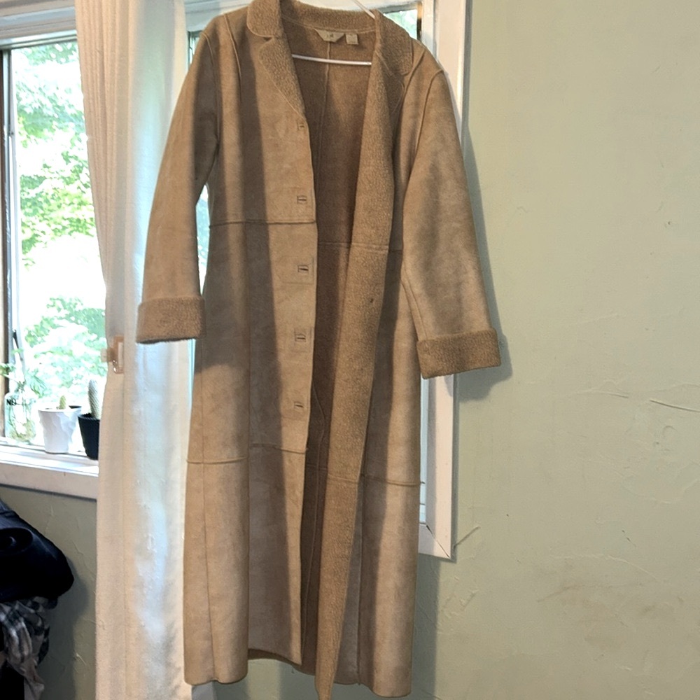 suede coat with teddy material inside.